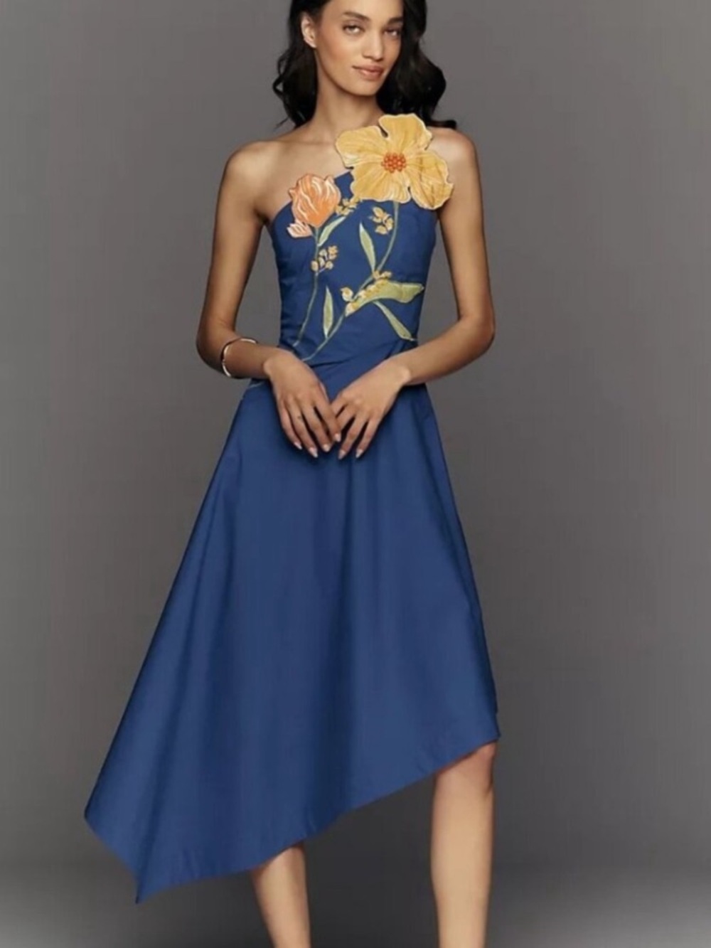 Yukiko Noritake x Anthropologie One-Shoulder Royal Blue Dress Floral